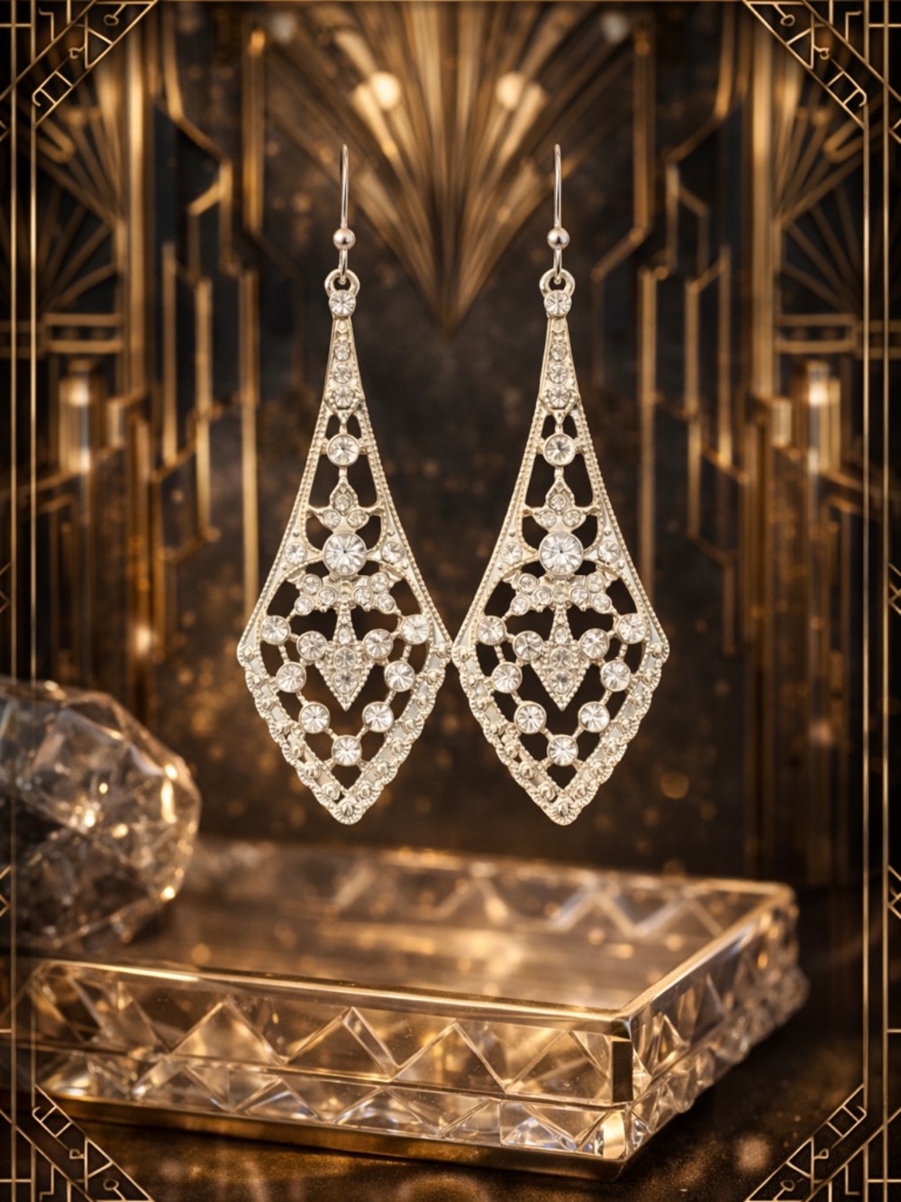 FREE Bundle Add On Piece w 2+ Items- Art Deco Silver and Rhinestone Earrings